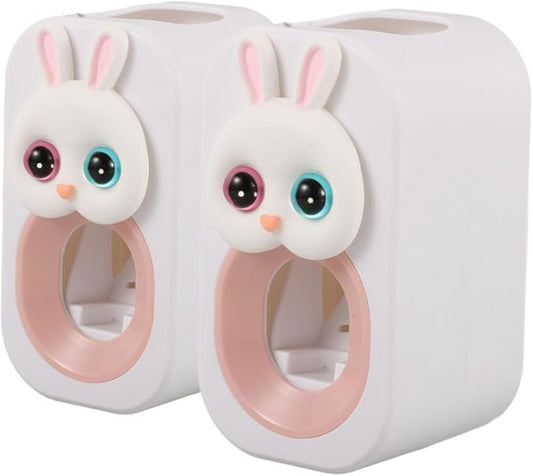 SAFIGLE 2pcs Automatic Toothpaste Pump for Boys and Girls Wall-Mounted Rabbit Dispenser Toothbrush Holder Sturdy Easy to Install Decor