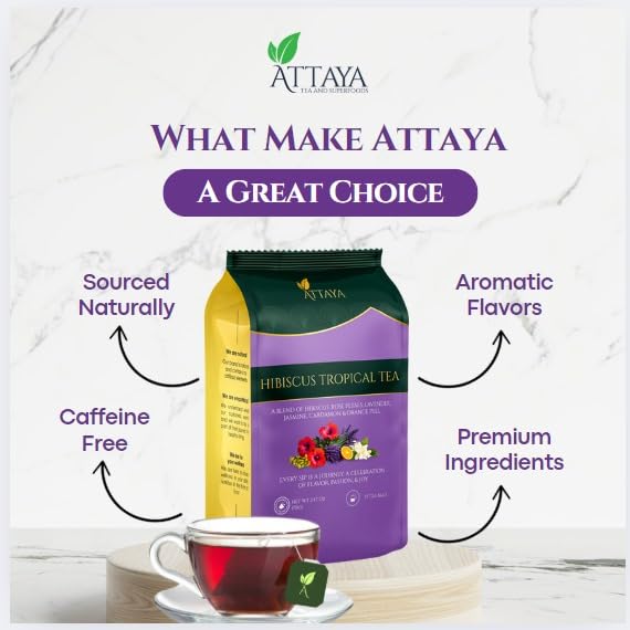 Attaya Hibiscus Tropical Herbal Tea Bags | 6-Herb Blend with Hibiscus, Rose Petals, Cardamom, Orange-peel, Jasmine & Lavender| 100 Caffeine-Free Pyramid Tea bags, Rich in Antioxidants & Vitamin C