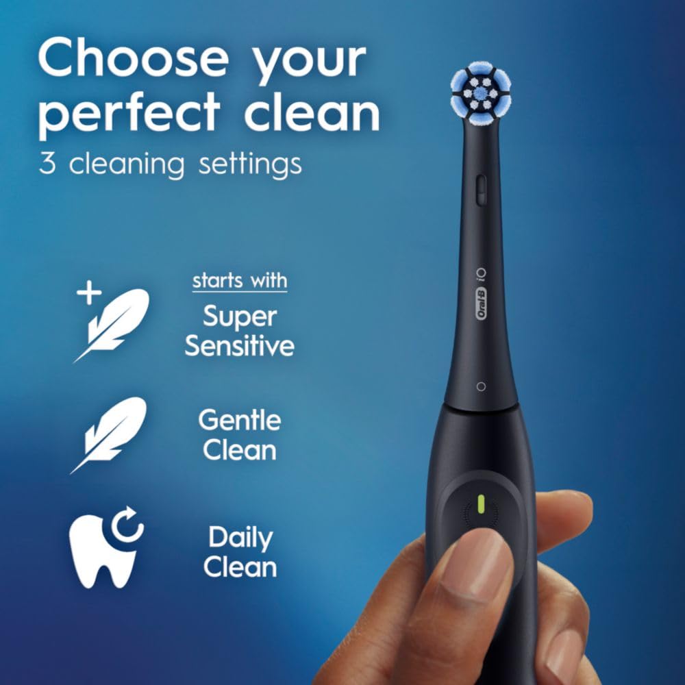 Oral-B iO Simple Clean Rechargeable Electric Powered Toothbrush, Night Black with 1 Gentle Care Brush Head and 1 Black Travel Case - Automatic Pressure Sensor to Protect Gums - 3 Modes - 2 Min Timer