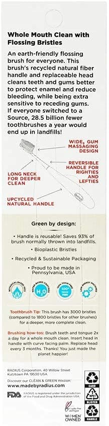 RADIUS Toothbrush Source Floss Brush BPA Free & ADA Accepted Improve Gum Health & Reduce Gum Issues - Medium - Cornstarch/Wood/Money - Pack of 3