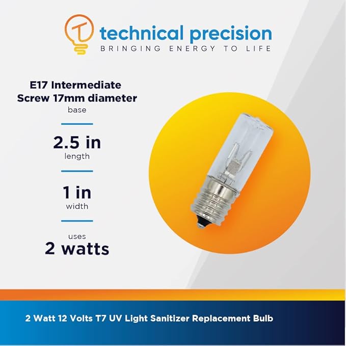 Technical Precision 3W UV Sanitizer Bulb Replacement for Philips Hx6160 12 Volts, T7 Toothbrush Sanitizer Light Bulb - E17 Intermediate Screw Base - 1 Pack