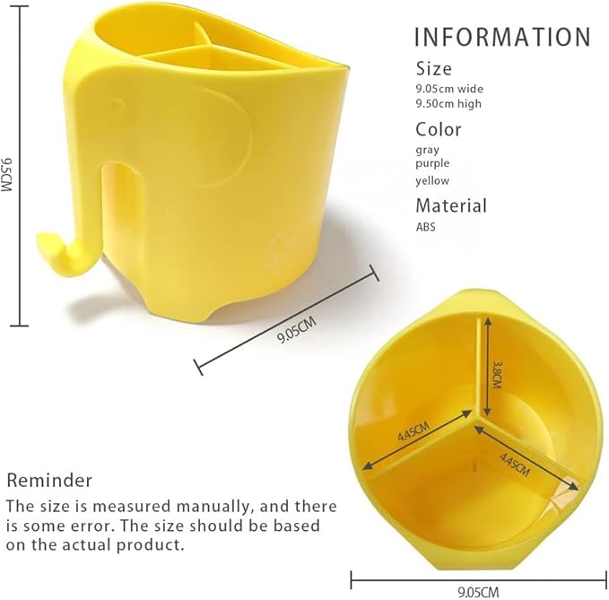 RyanLemon Elephant Toothbrush Holder for Kids, Suction Cup Electric Toothbrush and Toothpaste Holder for Toddler, Cute Toddler Toothbrush Holder with 3 Slots and a Hook for Hanging Bath Ball, Yellow