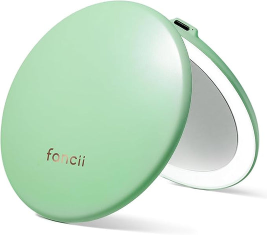 Fancii Taylor LED Lighted Compact Makeup Mirror, Rechargeable, 10x /1x Magnifying, 3 Light Settings, XL Large 5” Wide | Travel Mirror for Purses (Mint Green)