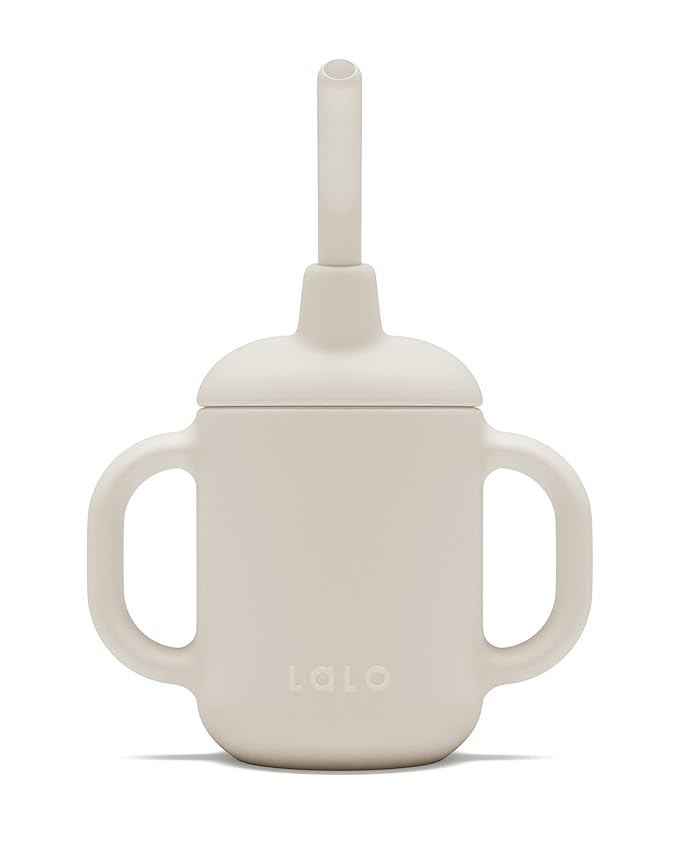 Lalo Little Cup, Non-Toxic Silicone Straw Cup with Handles - Baby and Toddler Sippy Cup - Mini Cup and Straw Training System, 4oz, Oatmeal