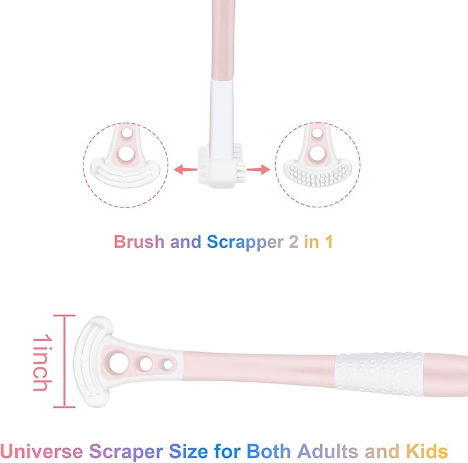B Rush Extra Soft Toothbrush with Tongue Scraper - Tongue Scrubber with Flossing Bristles for Sensitive Teeth and Gums, Dental Travel Hygiene Brush Fresh Breath for Both Adults and Kids (Pack of 3)