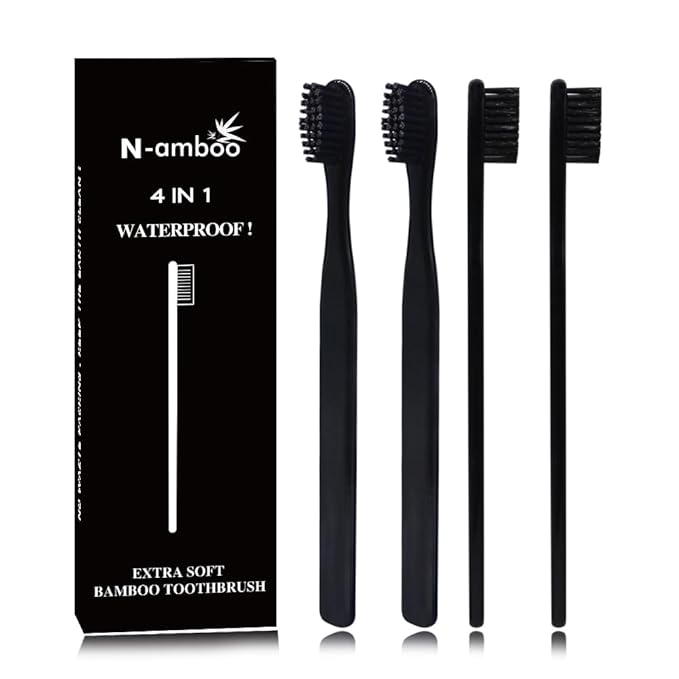 Bamboo Toothbrush Soft Bristles Manual Toothbrush Adult Toothbrush Pack of 4 Painted Black