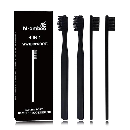 Bamboo Toothbrush Soft Bristles Manual Toothbrush Adult Toothbrush Pack of 4 Painted Black