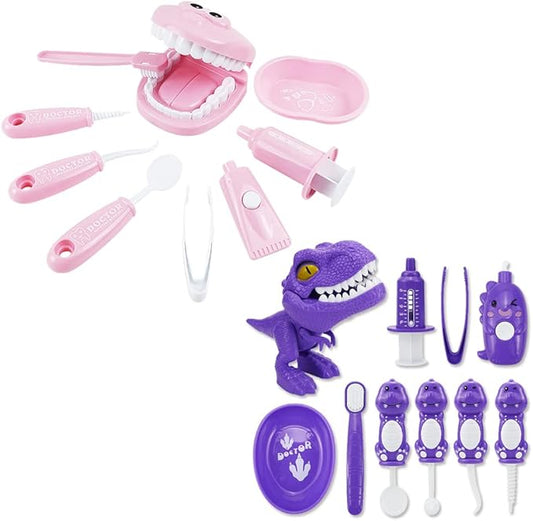 Bundle 19PCS = 9PCS Plastic Simulation Dentist Play Set （Pink） + 10PCS Plastic Dinosaur Simulation Dentist Play Set (Purple)