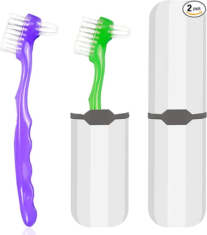 2-Piece Denture Cleaning Brush Set - Multi-Layered Bristles False Toothbrush with Ergonomic Handle and White Carrying Case for Fake Teeth Cleaning, Travel-Sized Oral Care Tool (Green&Purple, One Size)