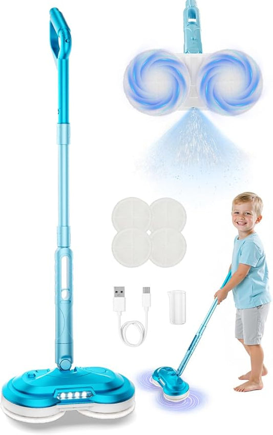 Kids Electric Spin Mop Toy, Rechargeable Cordless Electric Mop W/LED Headlight & Water Sprayer for Children Ages 3 4 5 6+ Boys & Girls, Cleaning Toy for Pretend Play (Light Blue)
