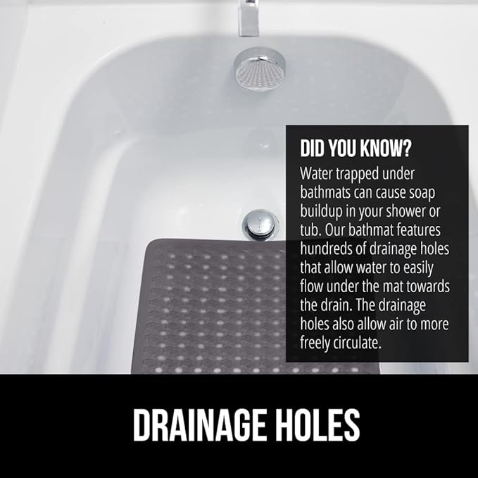 GORILLA GRIP Patented Bath Tub Shower Mat, Machine Washable Bathtub Floor Liner Mats, Suction Cups and Drain Holes to Keep Tubs Clean, Soft on Feet, Bathroom Essentials, 35x16 Inch, Charcoal Opaque