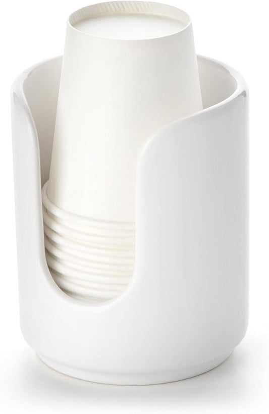 3 oz Original Ceramic Bathroom Cup Dispenser with 5 PLA Paper Cups, Bathroom Essential Accessories for Mouthwash Holder on Vanity Countertops (1 Pack, White)
