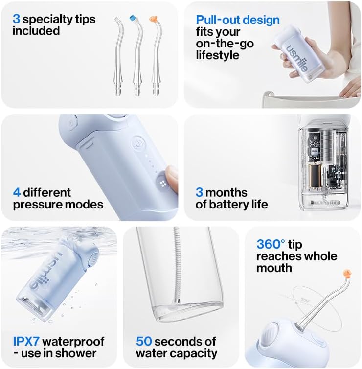usmile C10 Portable Water Flosser – Travel-Friendly, 95-Day Battery, 4 Modes, 360° Nozzle, 180ml Tank, IPX7 Waterproof, Dentist-Recommended for Braces, Implants & Sensitive Gums (Blue)