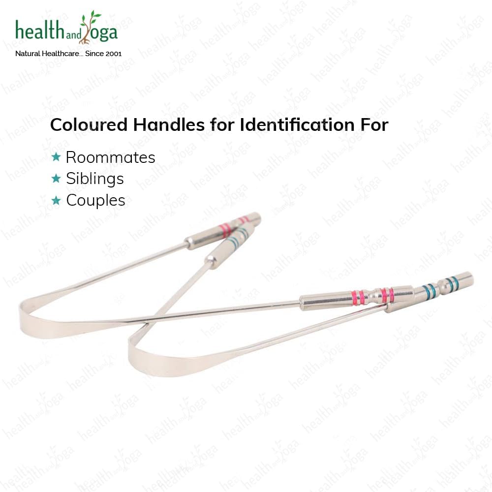 HealthAndYoga™ SteloSwipe His and Hers Premium Tongue Cleaners for Partner and You (2 pcs) - Quality Steel Tongue Scrapers with Color Identifying Hygienic Steel Grips