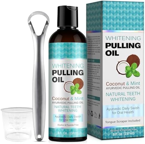 Coconut Oil Pulling for Fresh Breath and Oral Hygiene - Ayurvedic Expert Formulated | Supports Healthy Gums | Natural Teeth Whitening - Includes Tongue Scraper and Measuring Cup - 8 fl. oz