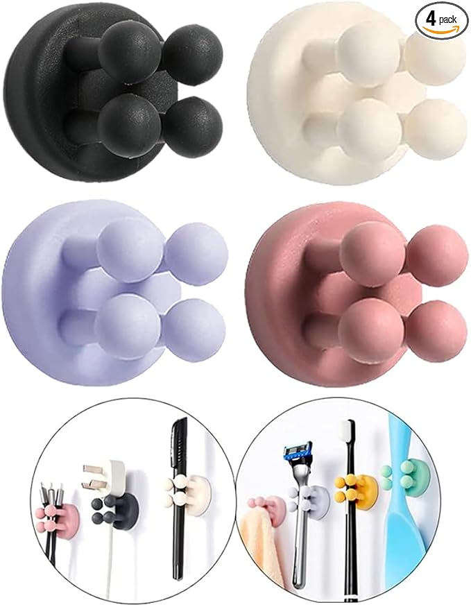 Silicone Toothbrush Holders - 4 Pcs Razor Hooks Adhesive Wall Mounted for Hanging Towel Key Plug Cable, Utility Decor Stick to Dorm Room Essentials Function for Kitchen Bathroom Home Office