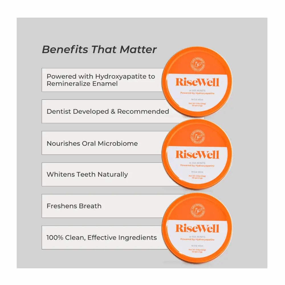 RiseWell a-HA Mint - Xylitol Mints for Dry Mouth - Hydroxyapatite Sugar Free Breath Mints - Promotes Remineralization, On-The-Go Oral Fresh Breath Mint, 30 Count