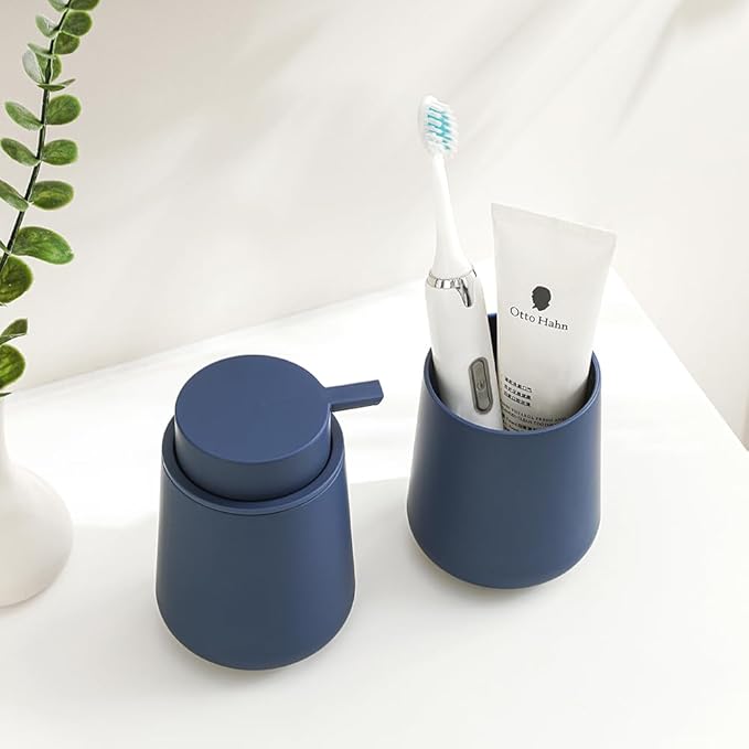 Matte Navy Blue Bathroom Accessories 2 Piece Set Plastic Soap Dispenser and Toothbrush Holder for Modern Bathroom Decor