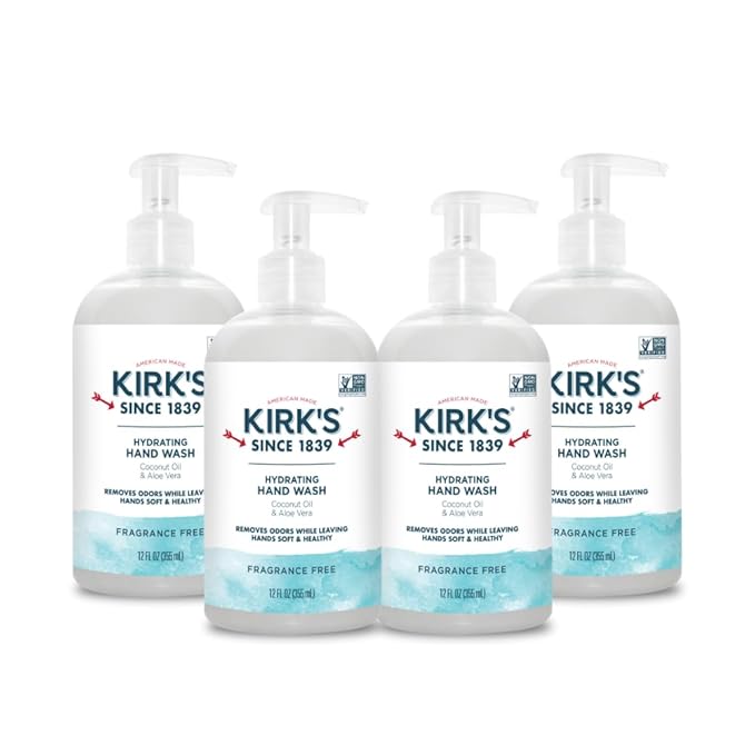 Kirk's Hydrating Hand Wash - Made with Coconut Oil and Aloe Vera, With Odor Neutralizing Technology To Help Eliminate Odors, Non-GMO, Vegan, Fragrance Free, 12 Fl Oz. 4 pack