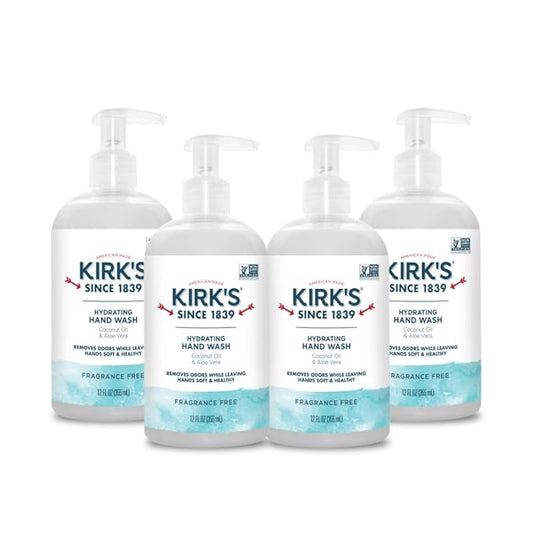Kirk's Hydrating Hand Wash - Made with Coconut Oil and Aloe Vera, With Odor Neutralizing Technology To Help Eliminate Odors, Non-GMO, Vegan, Fragrance Free, 12 Fl Oz. 4 pack