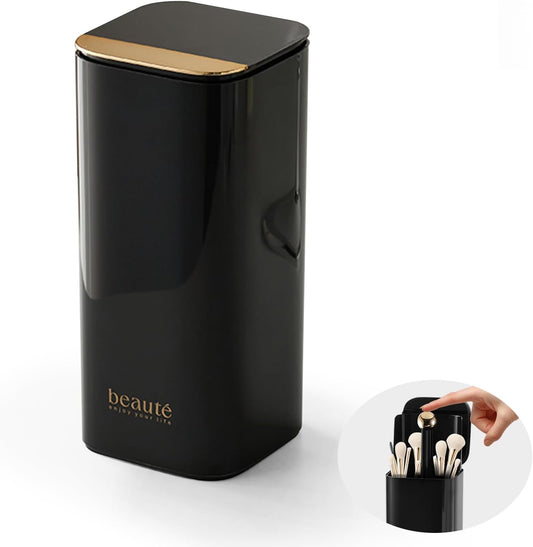 DASITON Makeup Brush Holder with Lid,4 Slots Makeup Brush Organizer,Automatic Lifting Makeup Cosmetics Organizer,for Vanity Decor,Bathroom Countertop,Dustproof Cosmetic Brushes Container(Gold-Black)