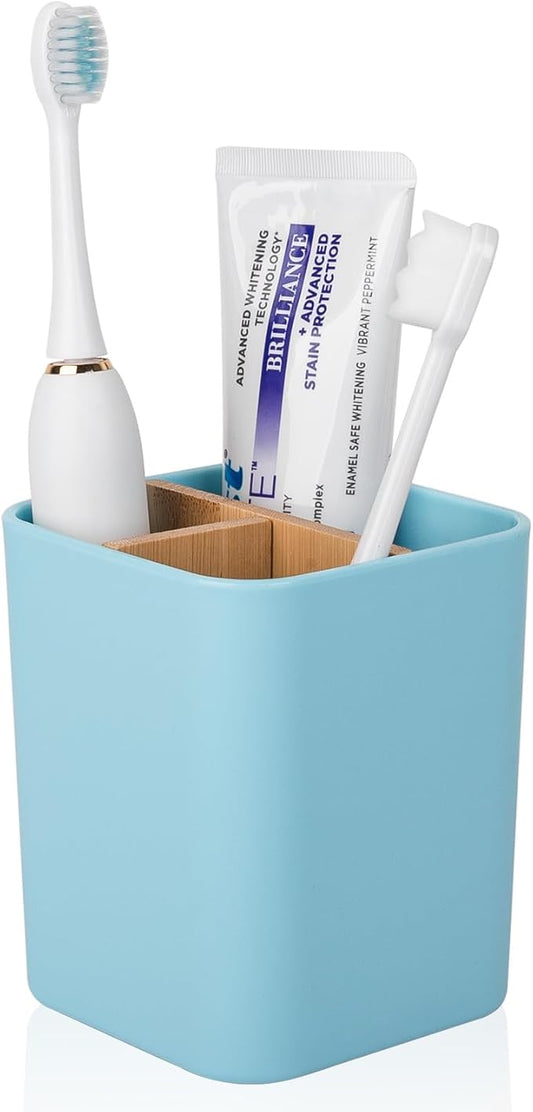 Bamboo Toothbrush Holder for Bathrooms, 3 Slots Toothbrush and Toothpaste Holder Bathroom Counter Organizer for Electric Toothbrushes, Floss, Razors - Blue