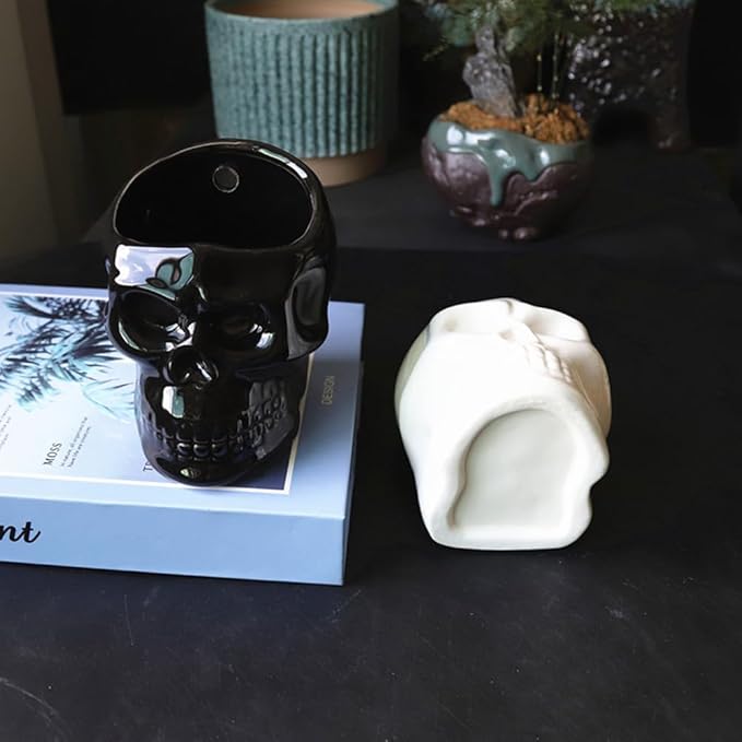 Skull-Shaped Toothbrush Holder, Skull Ceramic Small Storage Tube, Skull Pen Holder, Skull Succulent Flower Pot, Creative Decoration, Wall-Mounted Small Storage Tube (White Skull)