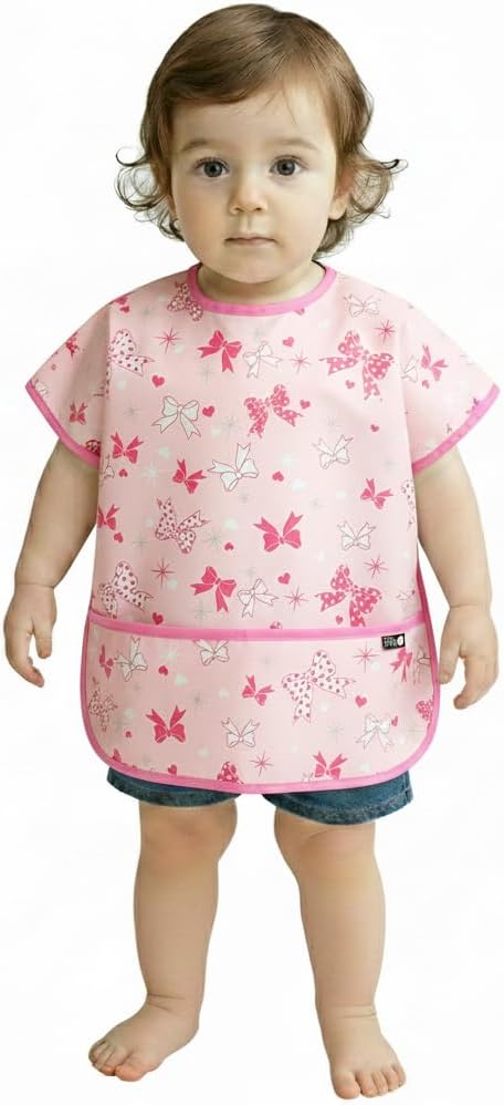 Short Sleeve Waterproof Bib for Toddlers – Easy Clean Feeding Apron for Mealtime, Daycare, Self-Feeding, Lightweight