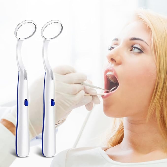 2 Pcs Dental Mirror with Light Tool LED Lighted Teeth Inspection Mirror Anti Fog Curve Angle Dentist Oral Care Tool (Dark Blue)