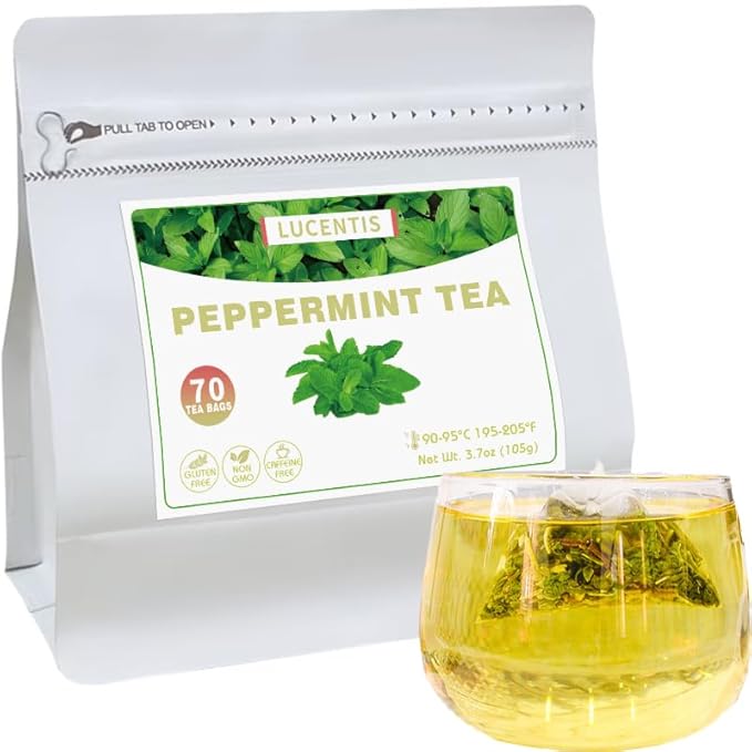 Peppermint Herbal Tea – 薄荷草本茶 – 3.7oz/105g (70 Pyramid Tea Bags), Non-GMO, Caffeine-Free, Refreshing Mint Flavor, Aids Digestion & Freshens Breath