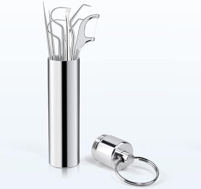 Toothpicks Pocket Set, Dental Floss Picks Kit Reusable, Stainless Steel Teeth Cleaning Tools, Tooth Picker Oral Hygiene Travel (2 Set)