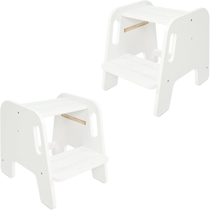 WOOD CITY Toddler Step Stool, Wooden 2 Step Stools for Bathroom Sink Potty Training Kitchen Dual Height Stool Helper for Kids Bonus Non-Slip Pads and Handles for Safety (2 Pack White)