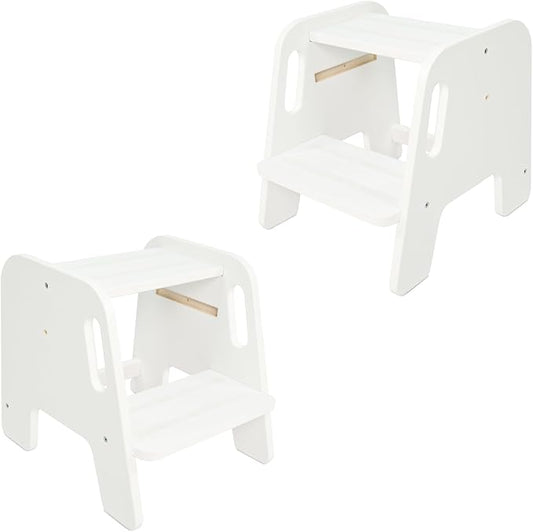 WOOD CITY Toddler Step Stool, Wooden 2 Step Stools for Bathroom Sink Potty Training Kitchen Dual Height Stool Helper for Kids Bonus Non-Slip Pads and Handles for Safety (2 Pack White)