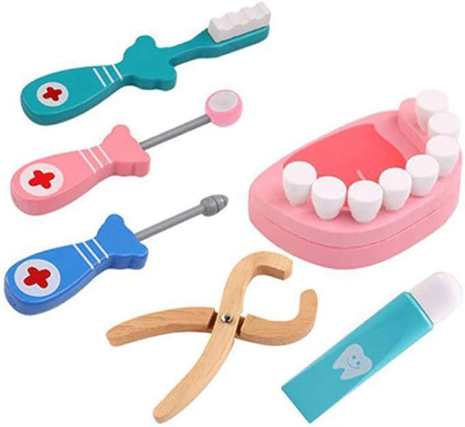 Wooden Dentist Toy Kit Pretend Play Teeth Tools Educational Doctor Role Play Set for Kids 6PCS Dentist Simulation Toy Educational for Boys Girls Early Learning