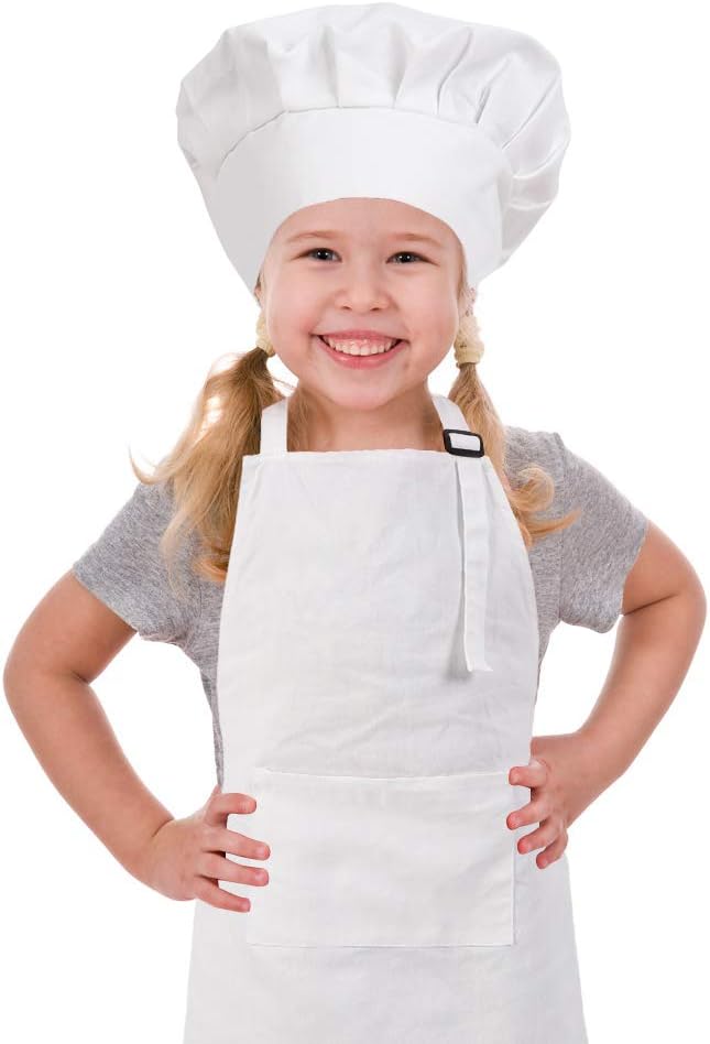 Kids Apron and Chef Hat Set, Adjustable Cotton Child Aprons with Large Pocket White Girls Boys Kitchen Bib Aprons for Cooking Baking Painting