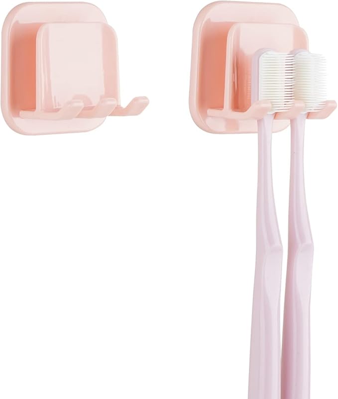 2 PCS Self-Adhesive Toothbrush Holders Wall Mounted, Water Proof Toothbrush Hook, 2 in 1 with Toothbrush Hanger and Gargle Cup Holder for Bathroom Shower (Pink)