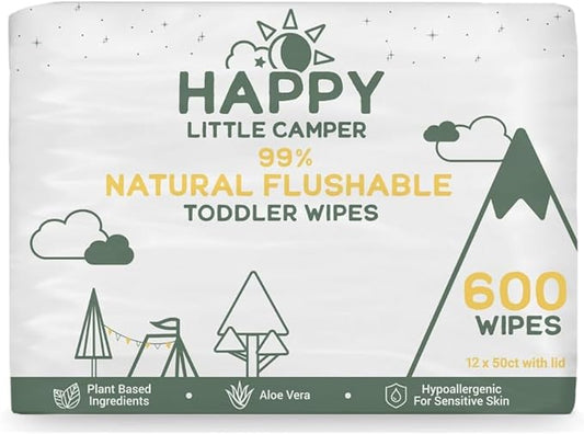 Happy Little Camper Natural Flushable Wipes - Hypoallergenic Wet Wipes with Aloe Vera, Chamomile and Pomegranate Extract - Unscented Baby Wipes Safe for Sensitive Skin - 600 Count