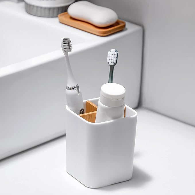 Toothbrush Holder for Bathrooms, 3 Slots Toothbrush and Toothpaste Holder Bathroom Counter Organizer for Electric Toothbrushes, Floss, Razors - White