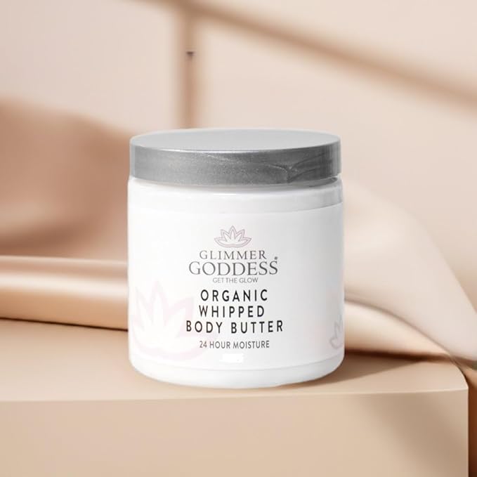 Glimmer Goddess Organic Whipped Body Butter for Women - Moisturizer Cream with Shea & Cocoa Butter, Almonds & Coconut Oil - Candy Cane, 8oz