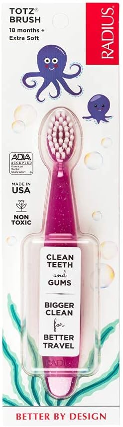 RADIUS Totz Toothbrush Extra Soft Brush BPA Free & ADA Accepted Designed for Delicate Teeth & Gums for Children 18 Months & Up - Pink Sparkle - Pack of 1