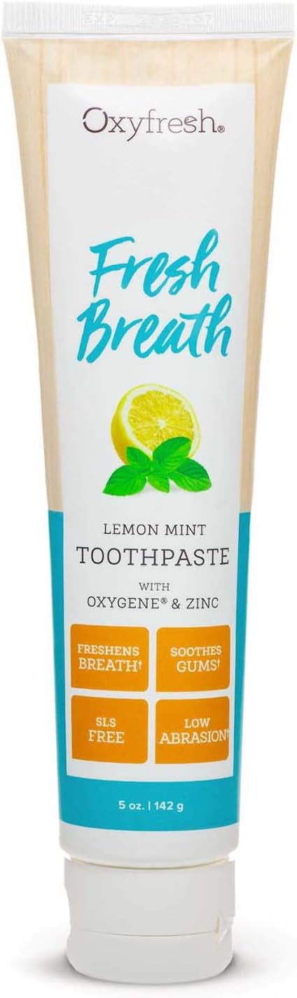 Oxyfresh Premium Lemon Mint Fresh Breath Toothpaste to Help Fight Bad Breath, Anti Plaque & Tartar Control - Low Abrasion Gel, SLS & Fluoride Free Toothpaste with Essential Oils, 5oz