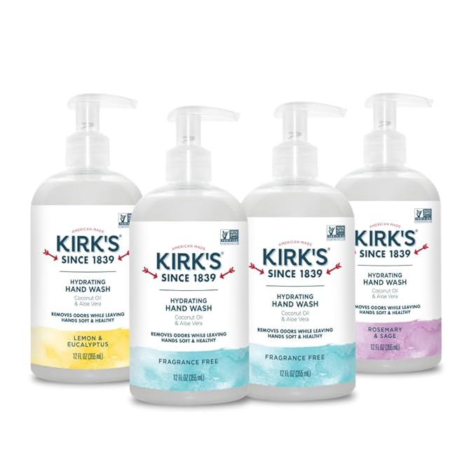 Kirk's Hydrating Hand Wash - Made with Coconut Oil and Aloe Vera, With Odor Neutralizing Technology To Help Eliminate Odors, Non-GMO, Vegan, Variety Pack, 12 Fl Oz. 4 pack