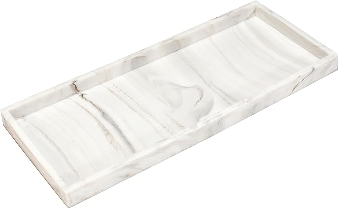 DNC Silicone Bathroom Vanity Tray for Counter, 11.8" Kitchen Sink Soap Tray for Dish Holder Dispenser Countertop Toilet Tank Decor Organizer Marble White