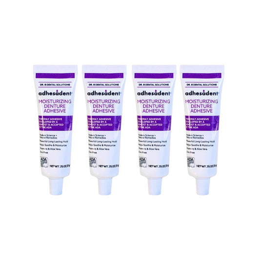 Dr. B Dental Solutions Adhesadent Moisturizing Denture Adhesive - Secure Denture Glue with Strong Grip & Natural Taste - Zinc-Free Dental Adhesive for Dentures - Travel Size 0.75 oz (4 Pack)