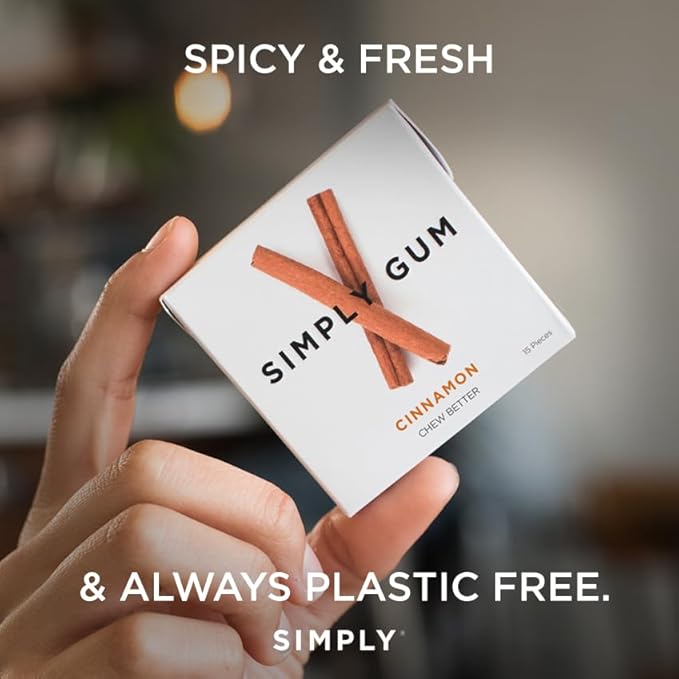 SIMPLY Gum Cinnamon, Plastic-Free Natural Chewing Gum, 12 Pack (180 Pieces) | Vegan, Kosher, Non GMO, Aspartame Free and Sorbitol Free