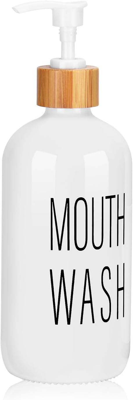 Pump Mouthwash Dispenser, Glass Mouthwash Container for Bathroom Countertop, Mouth Wash Bottle Decanter, White, Printed Font