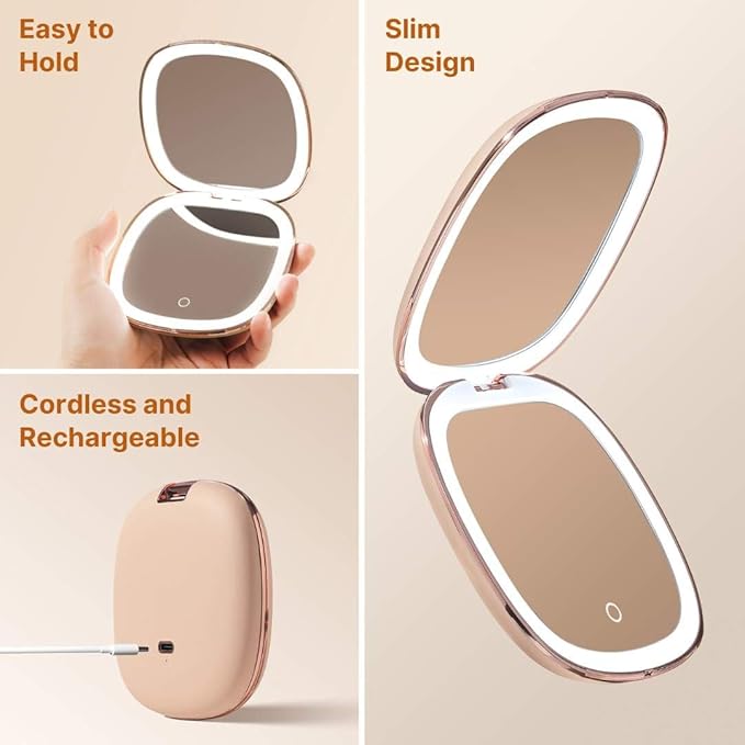 Fancii Mila 2 Compact Makeup Mirror with LED Light, Rechargeable, 10x /1x Magnifying, Tru-Glow Lighting System, Vegan Leather, Small Travel Mirror for Purses (Champagne Cream)
