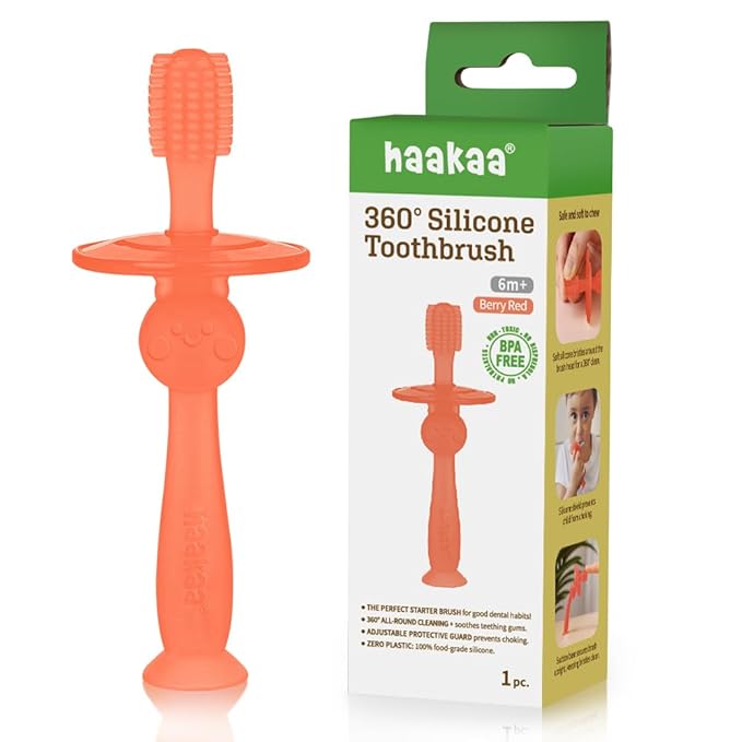 haakaa 360° Silicone Baby Toothbrush – 100% Soft Food Grade Silicone, BPA-Free, Suction Base, Safe for Babies 6 Months+, Gentle Gum and Teeth Cleaning for Infants, Gum Massager (Berry Red)