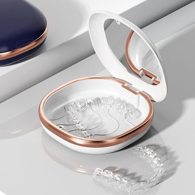 Denture Case with Mirror, Portable Retainer Case for Braces, Mouth Guards, Orthodontic Retainers, Compact, Stylish, and Travel-Friendly Denture Box (White)