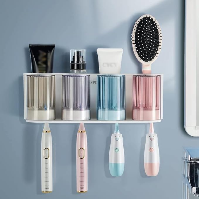 𝟐𝟎𝟐𝟓 𝐔𝐩𝐠𝐫𝐚𝐝𝐞𝐝 So Nice Toothbrush Holders for bathrooms Accessories Wall Mounted,Electric Shower Toothbrush Holder White Plastic toothbrushes Holder Set for Kids with 4 Cups